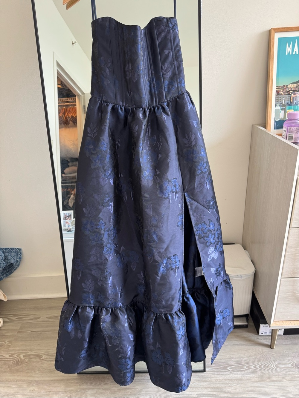 V. Chapman Navy Blue Floral Jacquard Strapless Gown